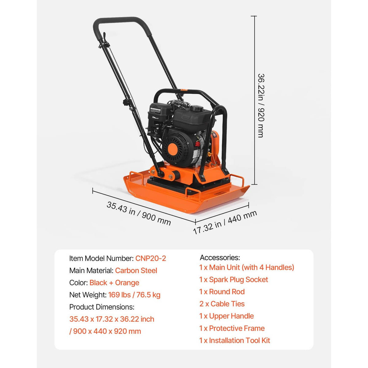 Orange plate compactor dimensions view with black handle and front base