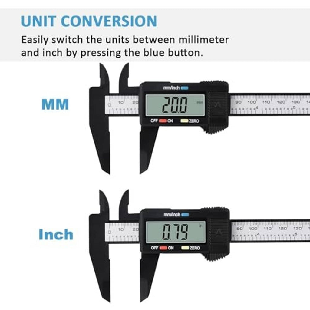 Black digital caliper with mm/in unit button and LCD readout