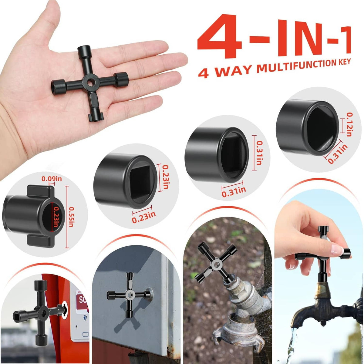 4-way multifunction water meter key with black cross head and round socket ends