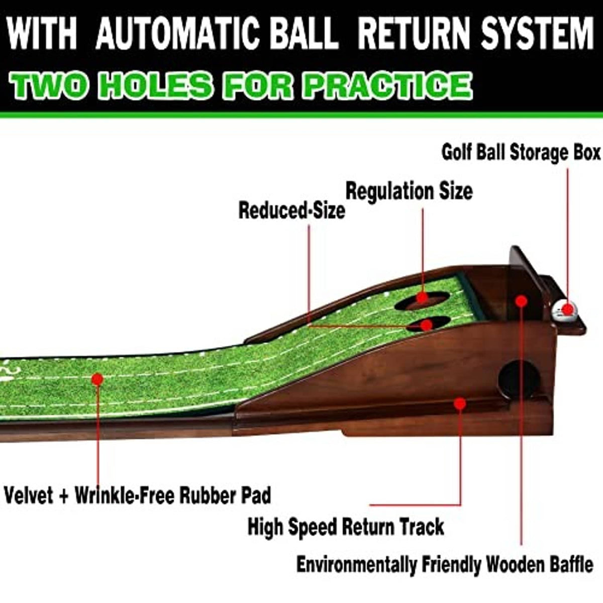 Olive-green putting mat with two practice holes and wooden ball return baffle