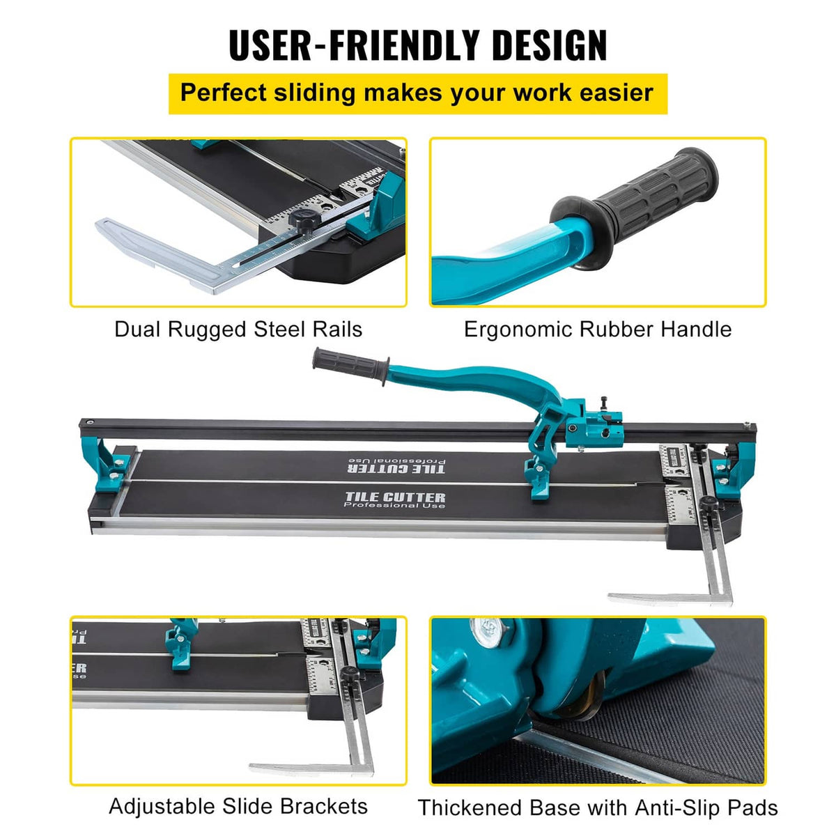 Manual tile cutter with dual rugged steel rails and ergonomic rubber handle