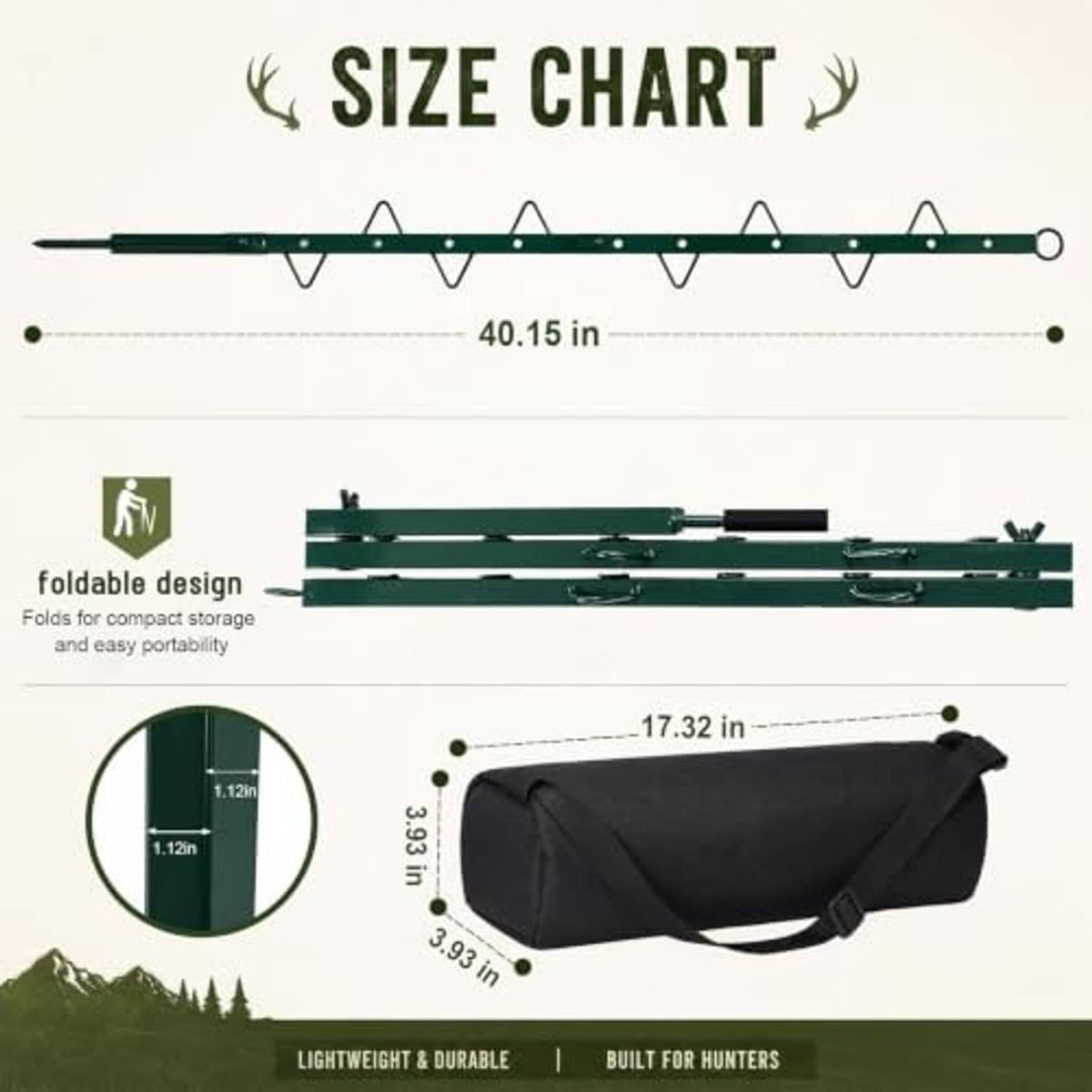 Green hunting stand size diagram with folded length and black storage bag
