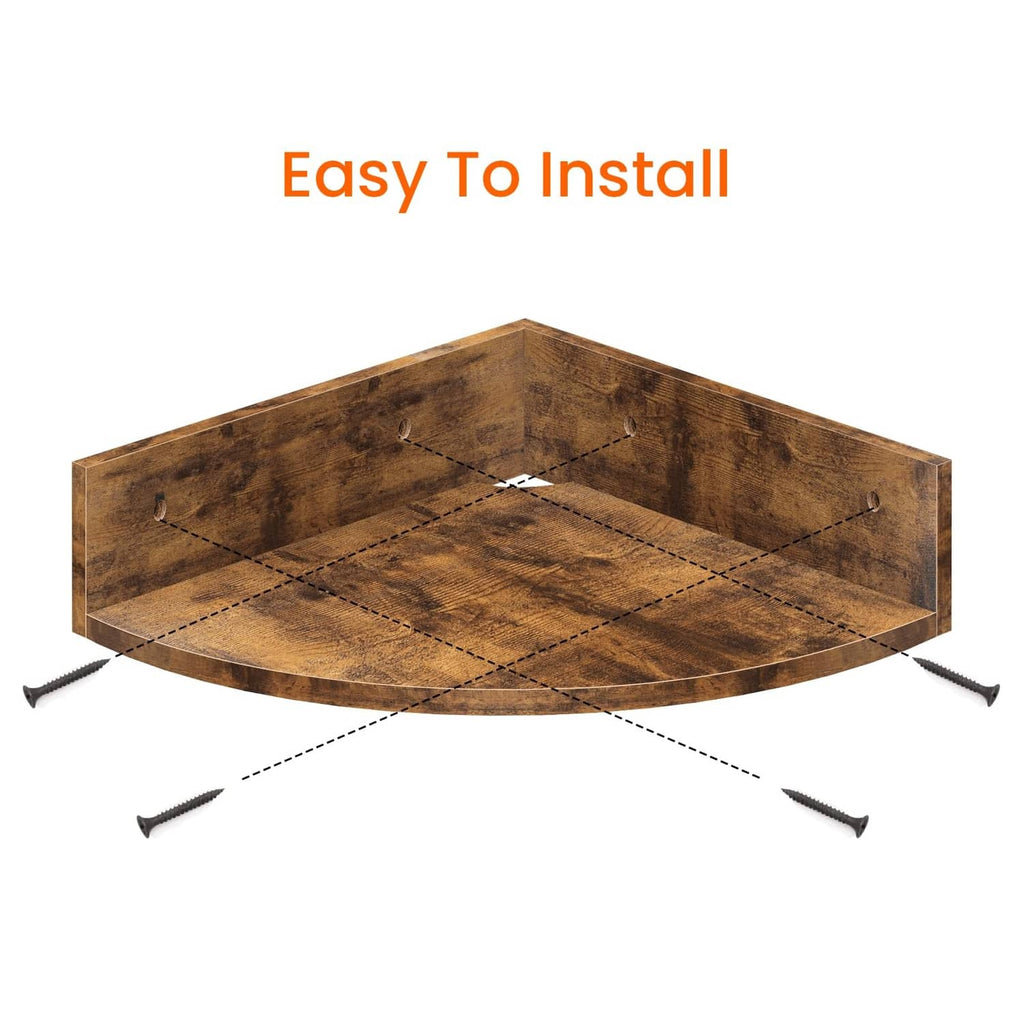Brown corner wall shelf underside view with mounting screws and installation lines