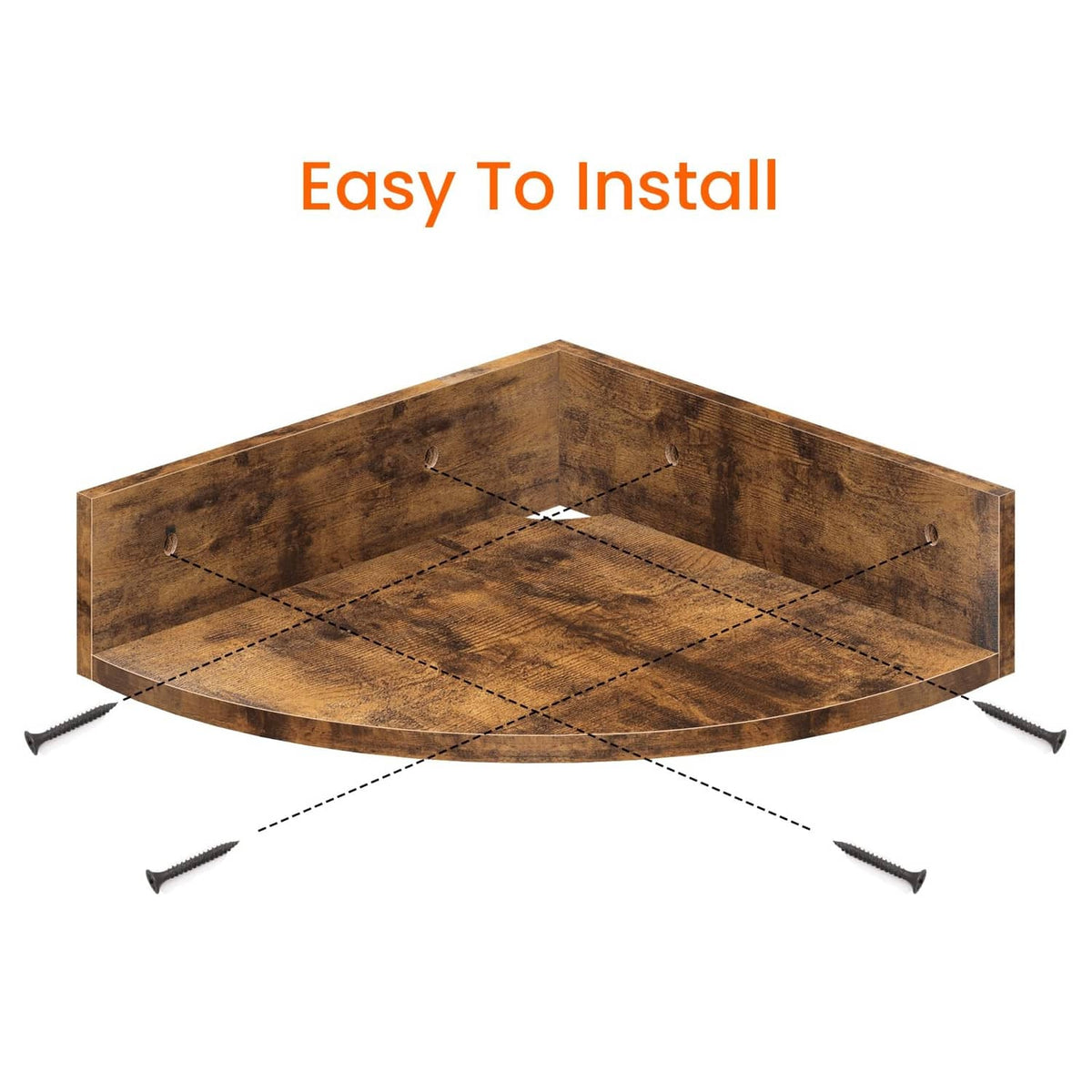 Brown corner wall shelf underside view with mounting screws and installation lines