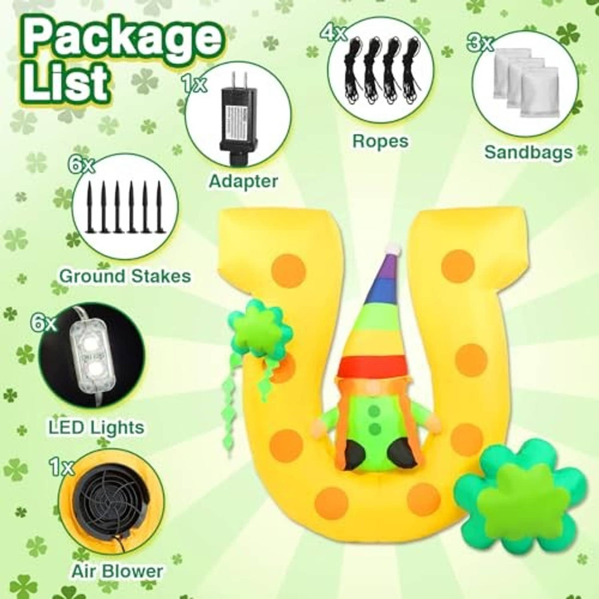 Inflatable St. Patrick's Day gnome yard decoration with yellow U-shape and green clovers
