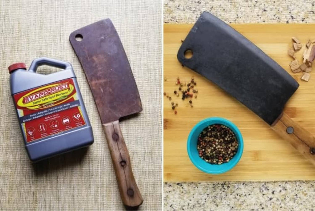 CRC Evapo-Rust rust remover shown with rusted tools and small container