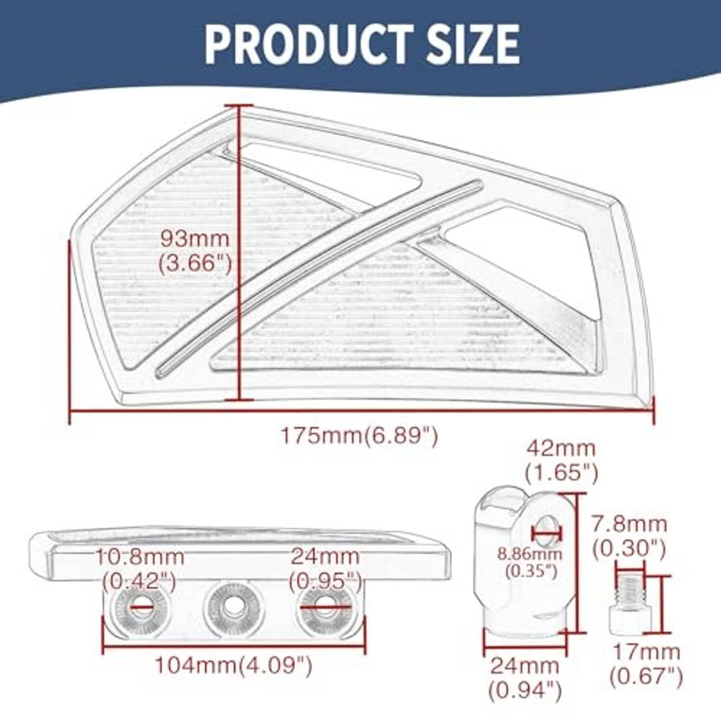 Product size diagram for motorcycle mini floorboards, 175mm length shown