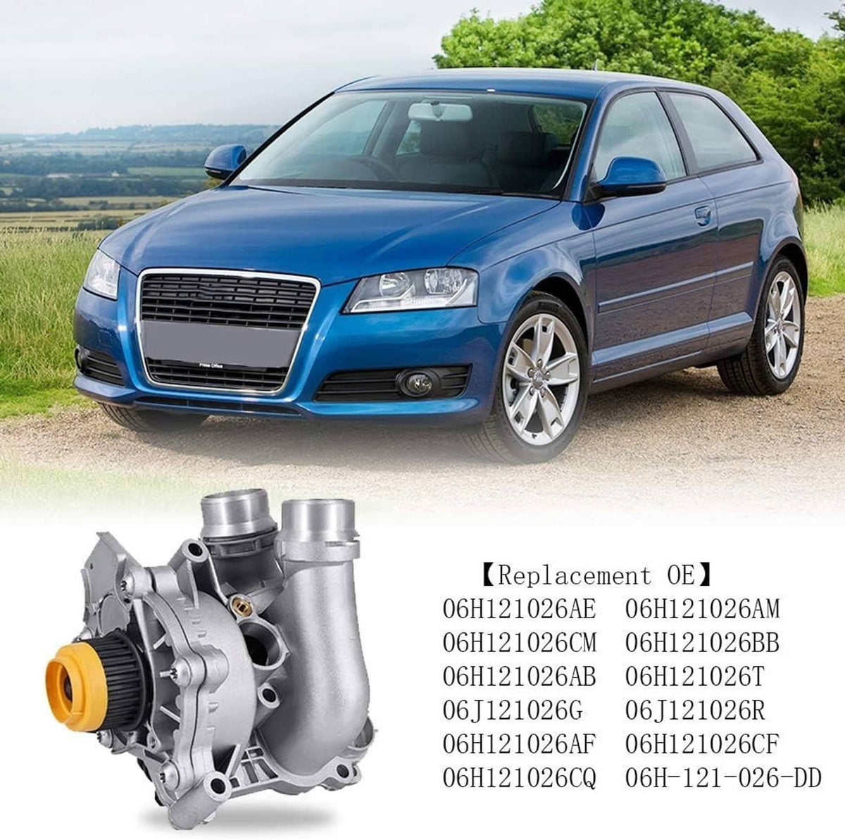 Water pump with thermostat, silver housing and yellow pulley, replacement part
