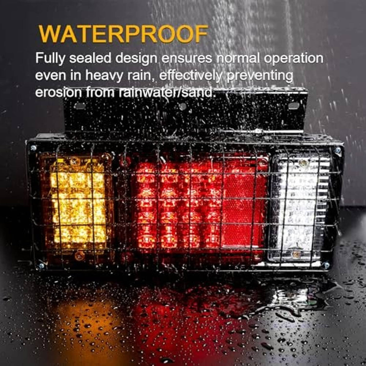 Waterproof black LED trailer tail light with red, amber, and clear lens panels