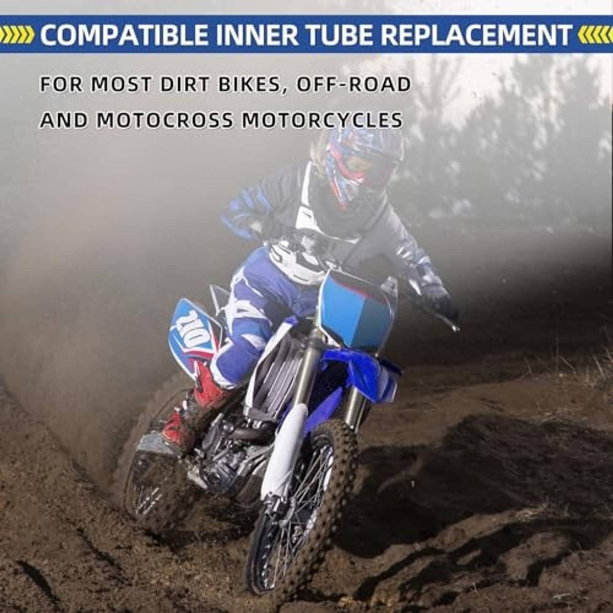 Motorcycle inner tube replacement shown with dirt bike on off-road trail