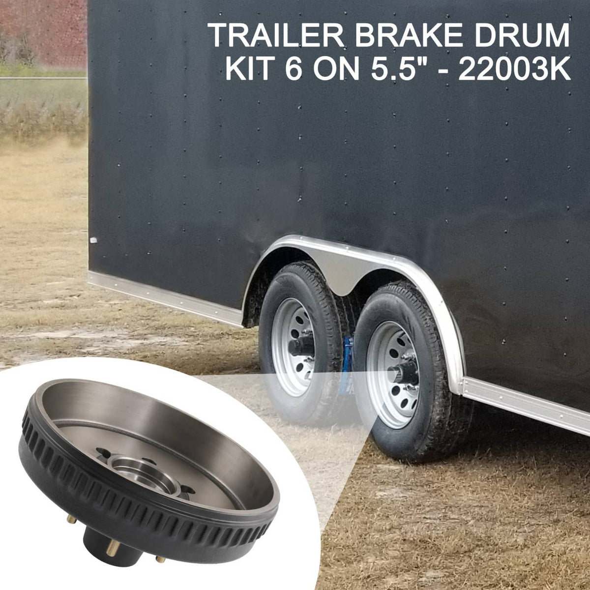 Black trailer brake hub drum kit shown beside trailer wheel for replacement