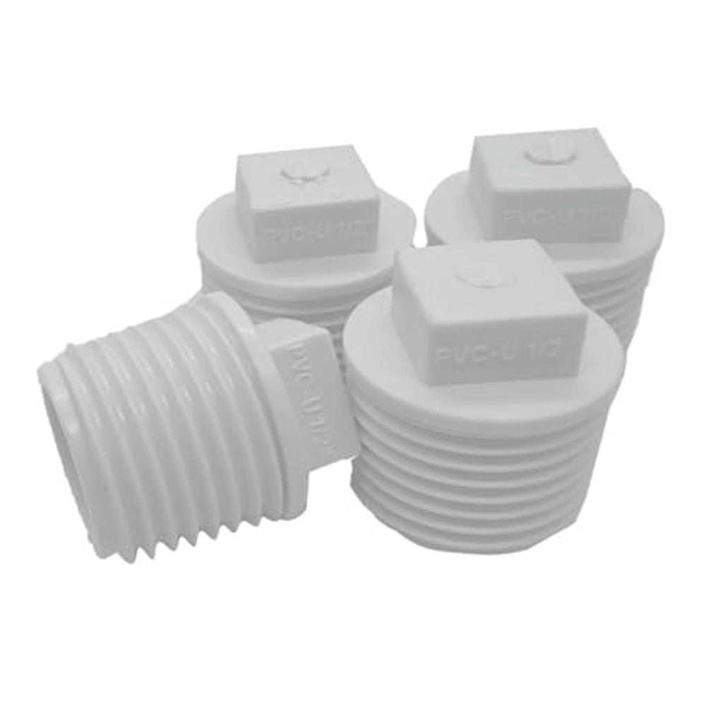 White PVC male thread pipe plug, close-up of hex cap and ribbed threads