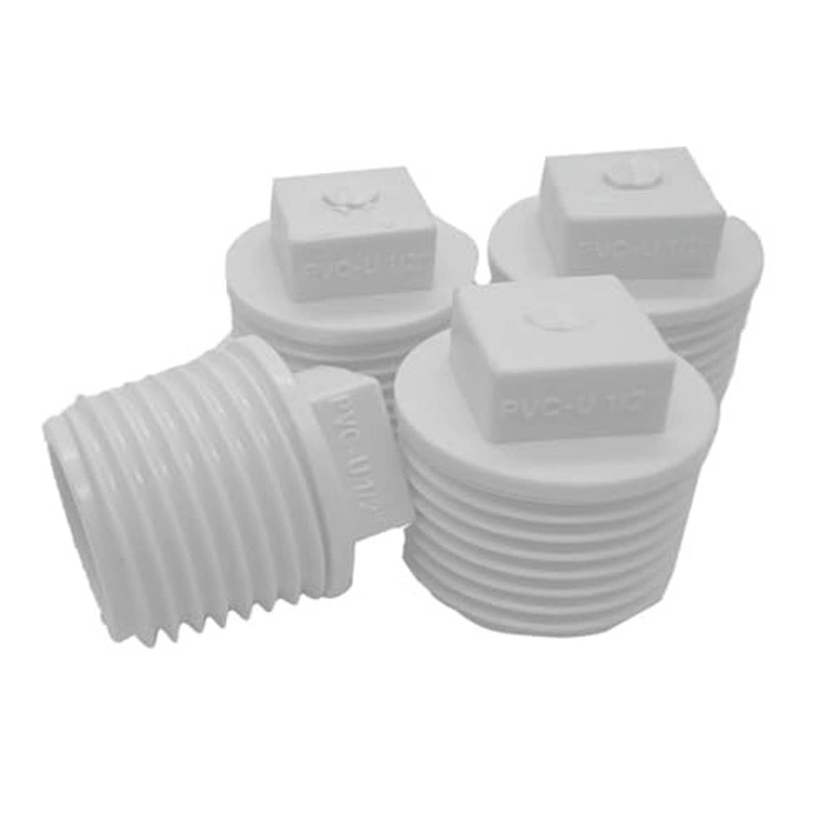 White PVC male thread pipe plug, close-up of hex cap and ribbed threads