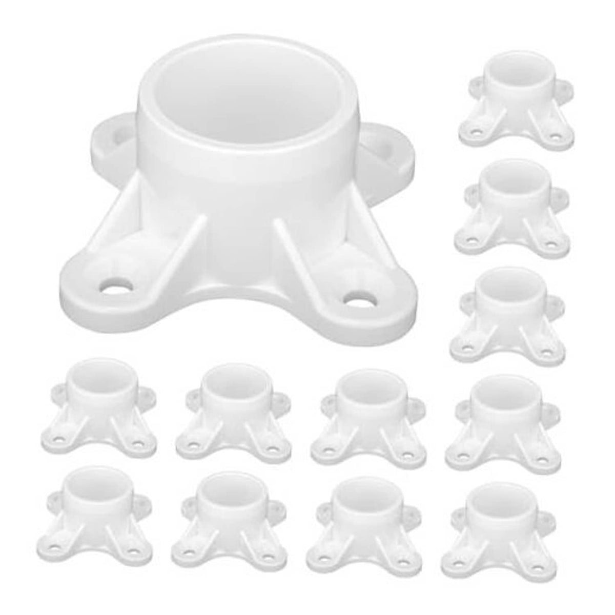 White PVC pipe flange caps with three-prong base, set of 12, for 3/4 in pipe.