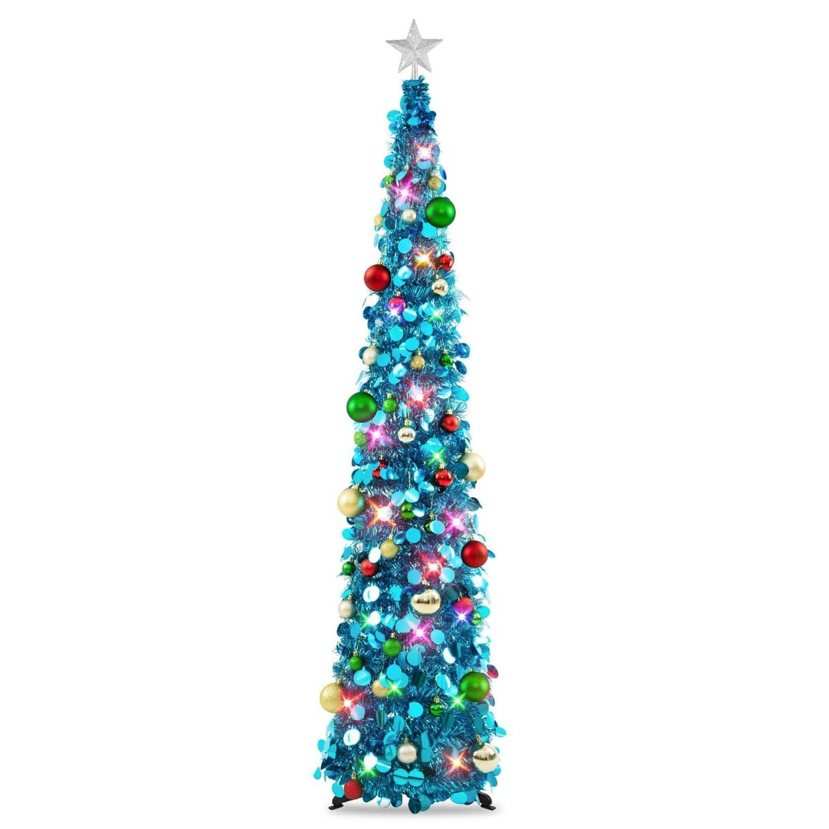 6ft blue LED pop-up Christmas tree with star topper and colorful ornaments