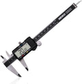 Digital electronic caliper with LCD display and stainless steel jaws, measuring scale in inches