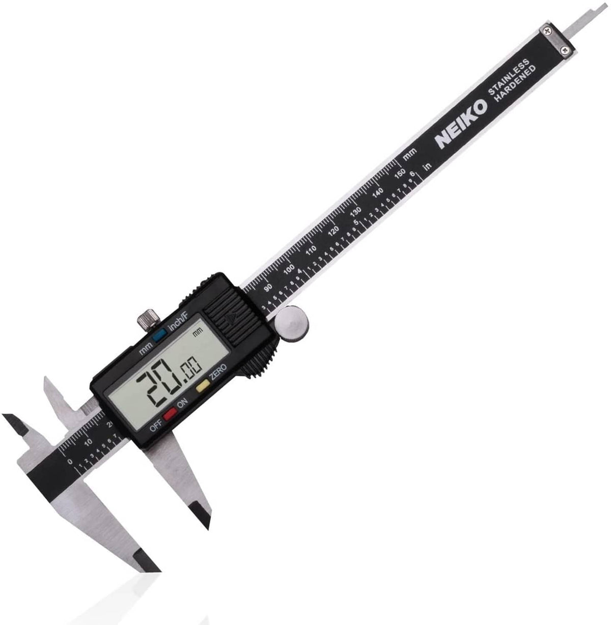 Digital electronic caliper with LCD display and stainless steel jaws, measuring scale in inches
