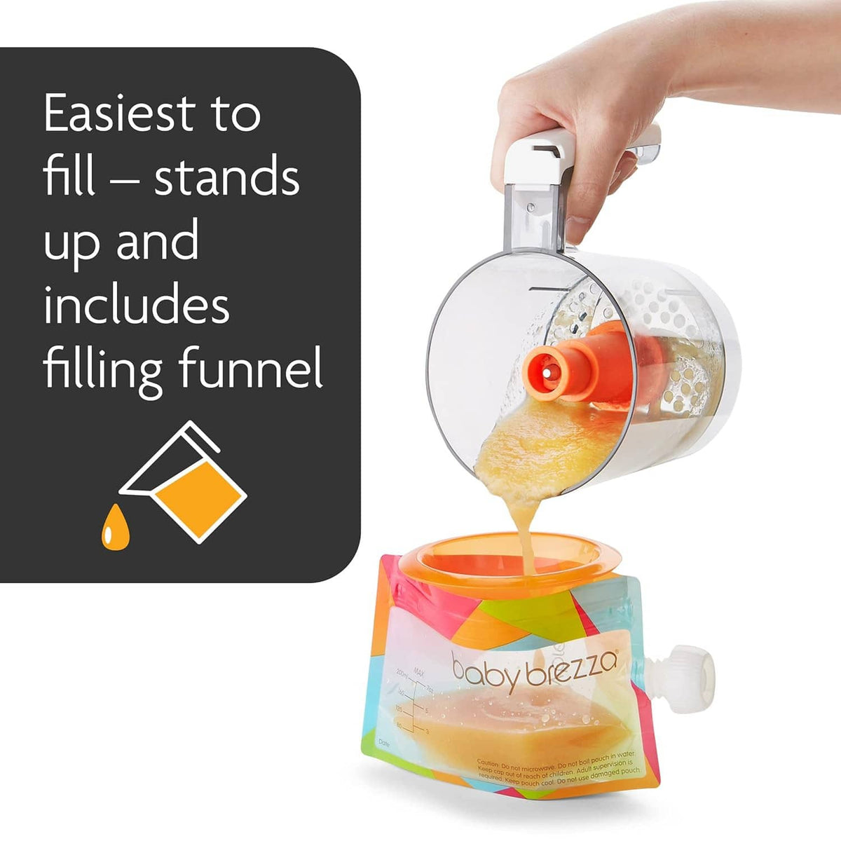 Reusable baby food pouch with white cap and orange spout, filling funnel and puree