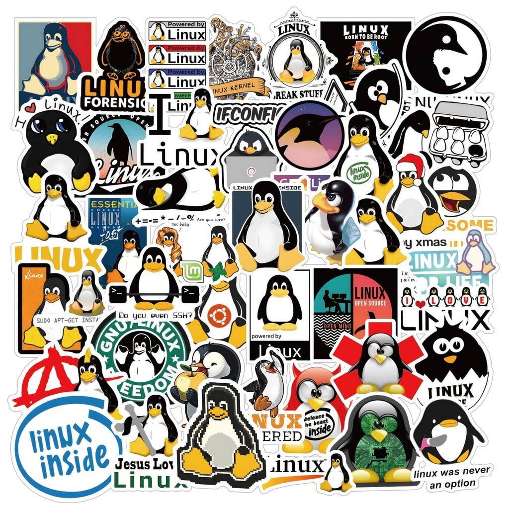Waterproof Linux character sticker pack, assorted black, white, and colorful decals on a sheet