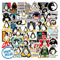 Waterproof Linux character sticker pack, assorted black, white, and colorful decals on a sheet
