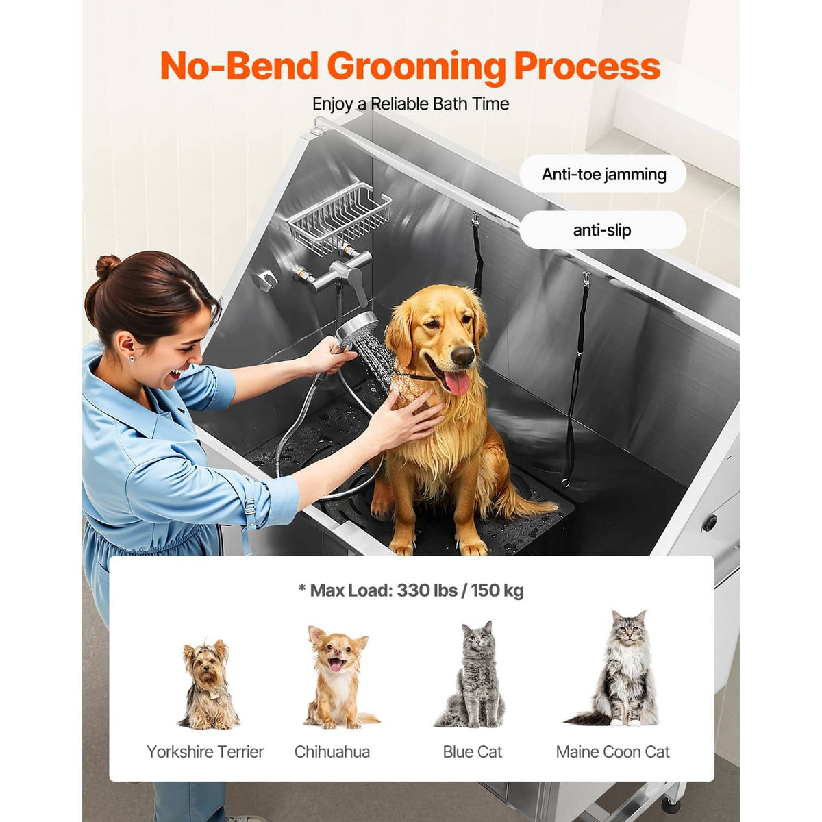 Stainless steel pet bathtub with adjustable shower hose and anti-slip stairs