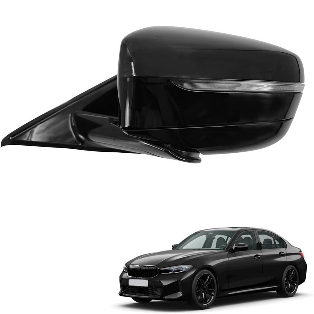 Black left driver-side mirror with blind-spot indicator on vehicle front corner view.