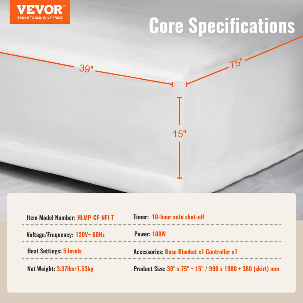 Heated mattress pad dimensions and core electrical specifications graphic