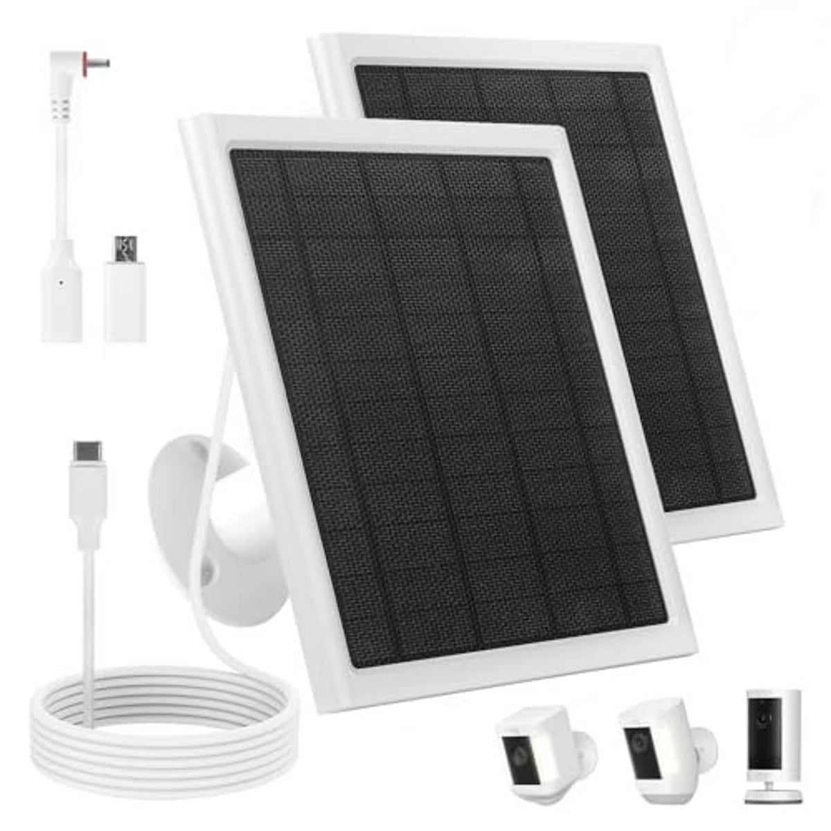 Two white solar panels with black grid surfaces and included mounting cables