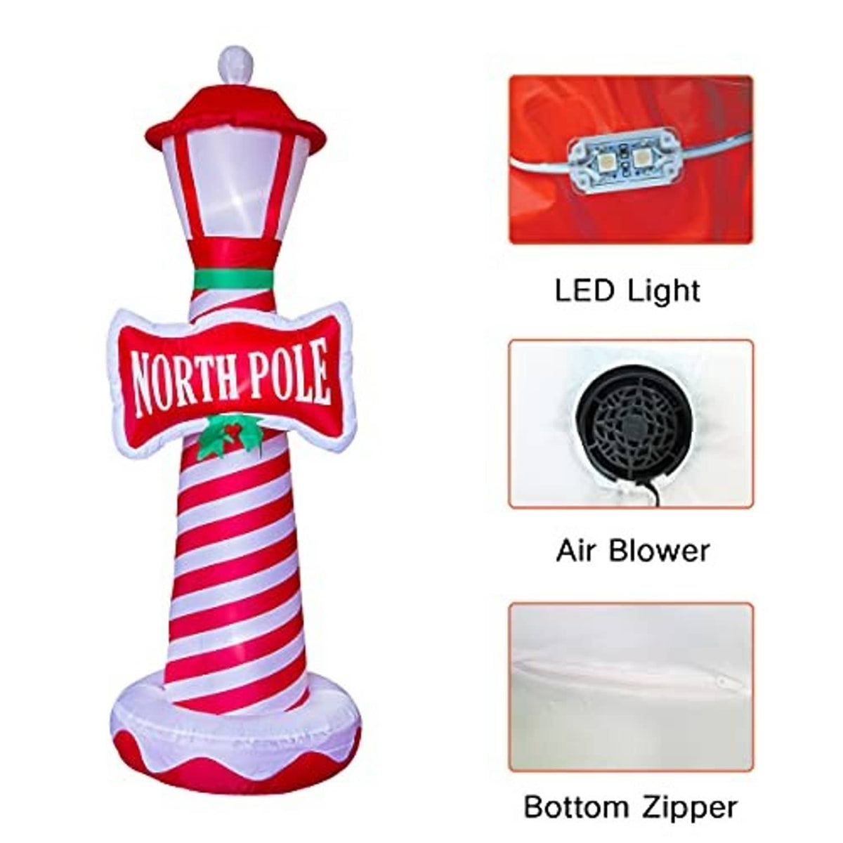 Inflatable lighthouse with glowing lantern, LED light module, air blower, and bottom zipper