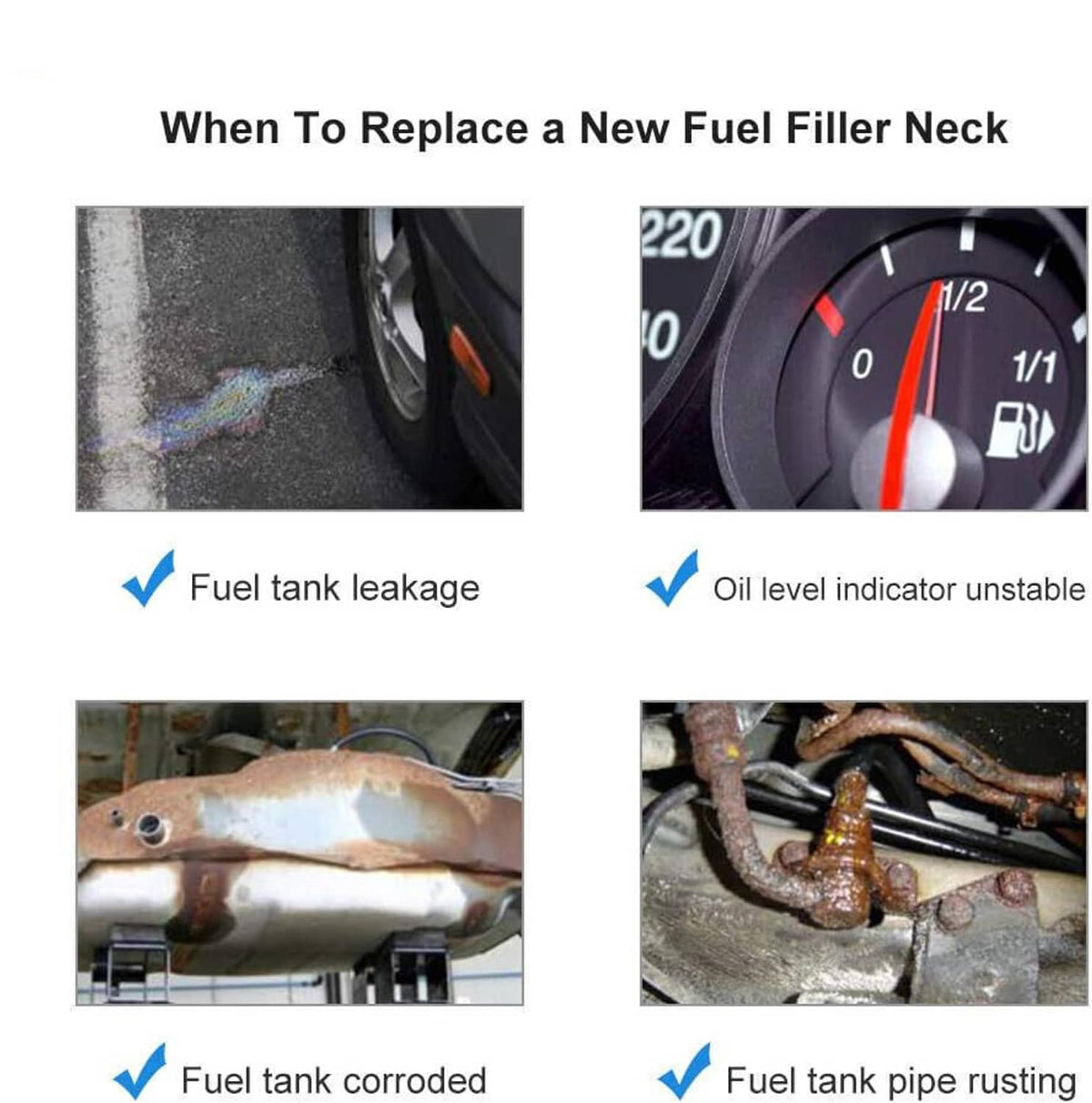Fuel filler neck replacement info graphic with checks for fuel tank leak and corrosion