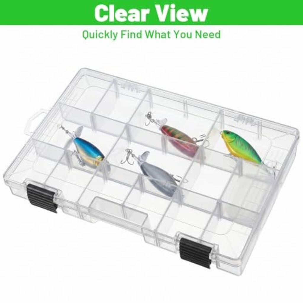 Clear tackle box with lures visible in separate compartment grid