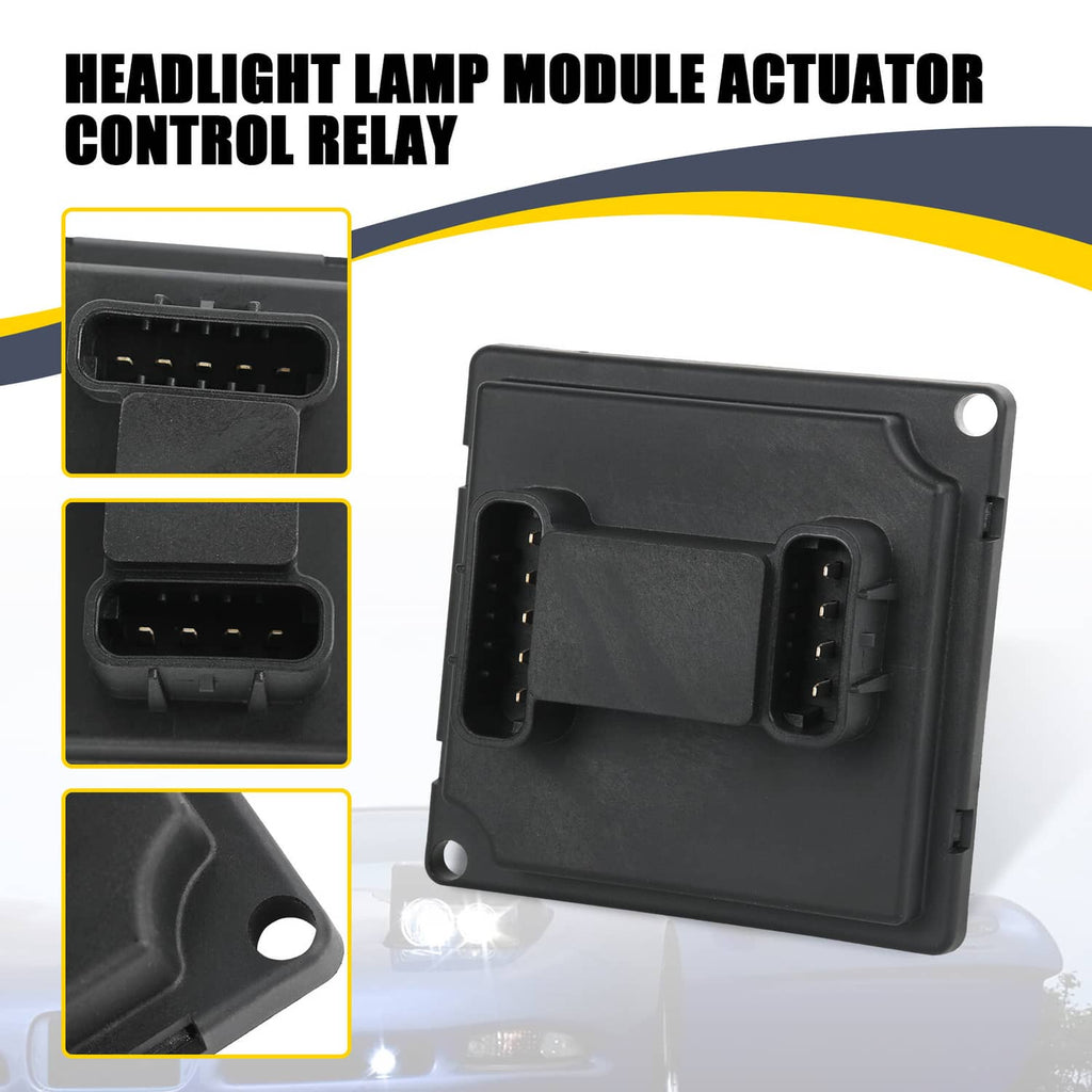 Black headlight actuator control relay module with two vertical multi-pin ports.