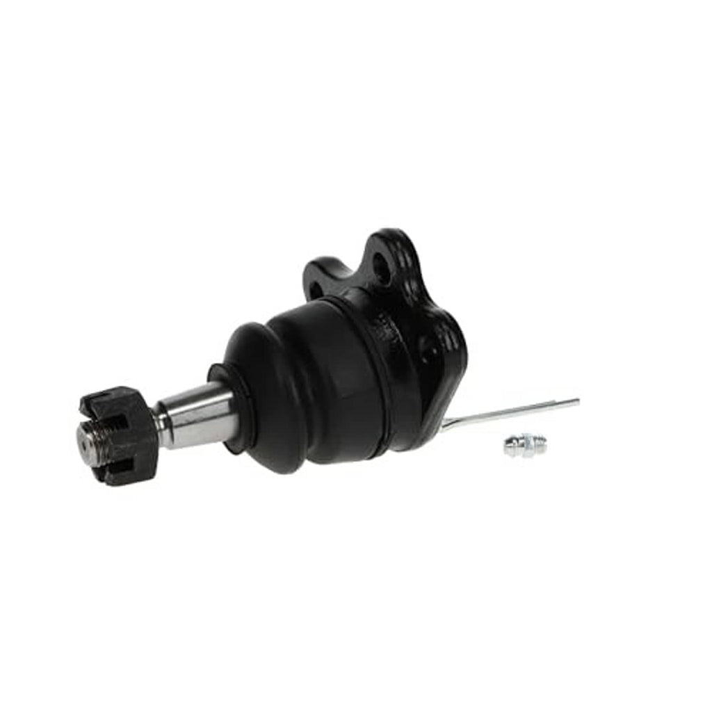 Front upper suspension ball joint with black boot and long steel stud, showing hardware