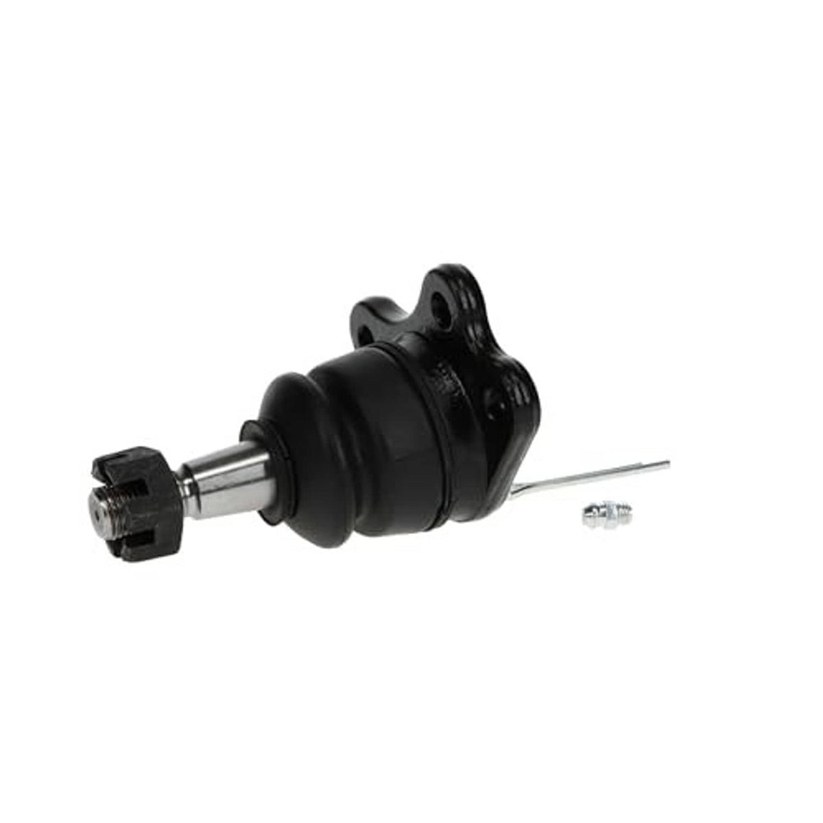 Front upper suspension ball joint with black boot and long steel stud, showing hardware