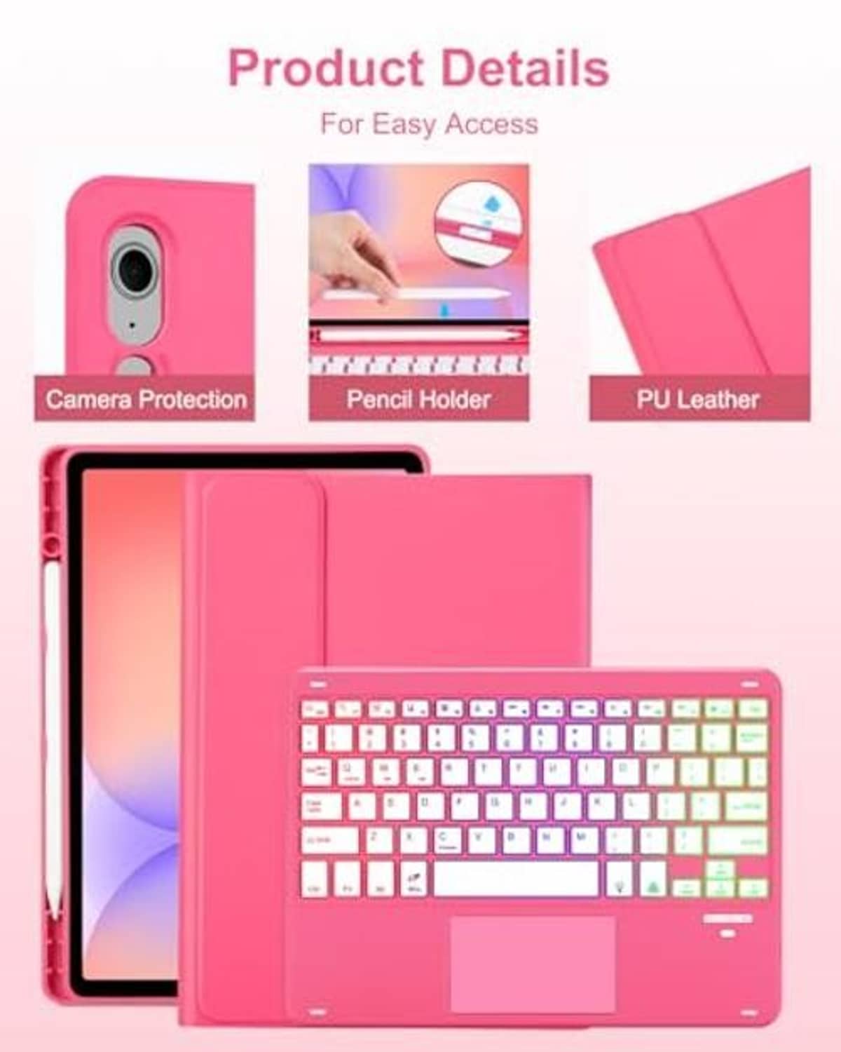 Pink keyboard case details: camera protection, pencil holder, and PU leather style