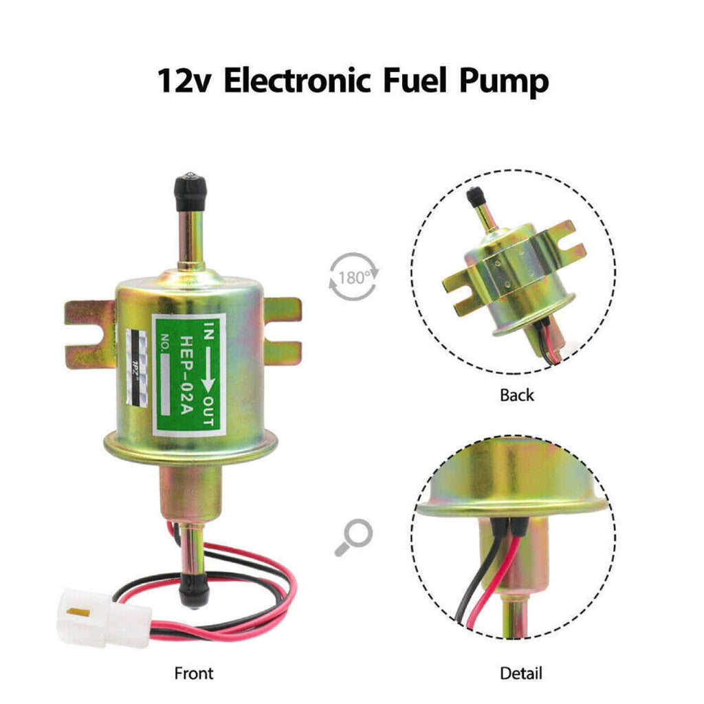 12V inline electric fuel pump with red-and-black wiring and green label