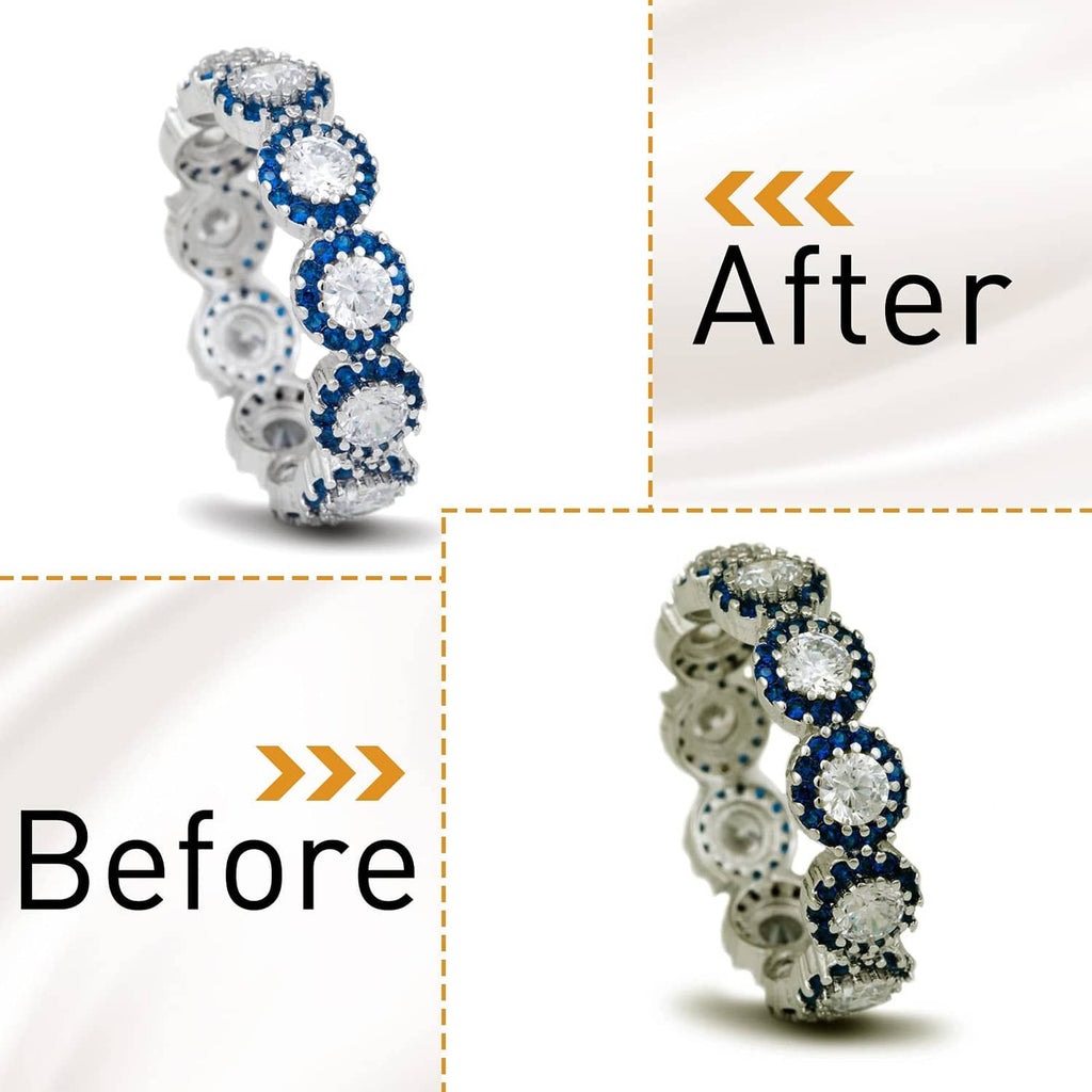 Brightened silver charm bracelet with blue stones after polishing