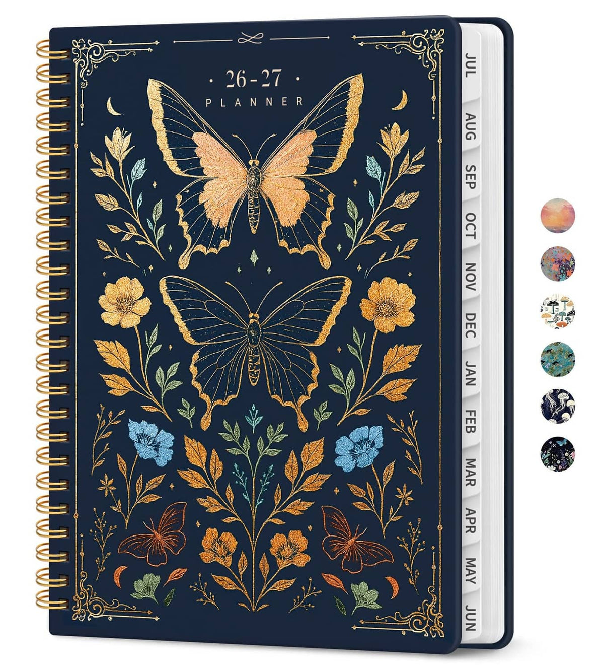 26-27 planner cover with gold and blue butterfly illustrations on dark background
