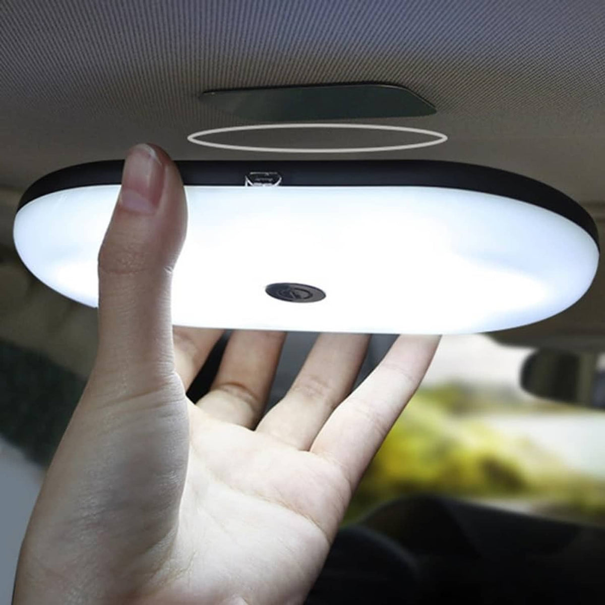 Magnetic LED car dome lamp, white round panel with black edge, touch control in vehicle