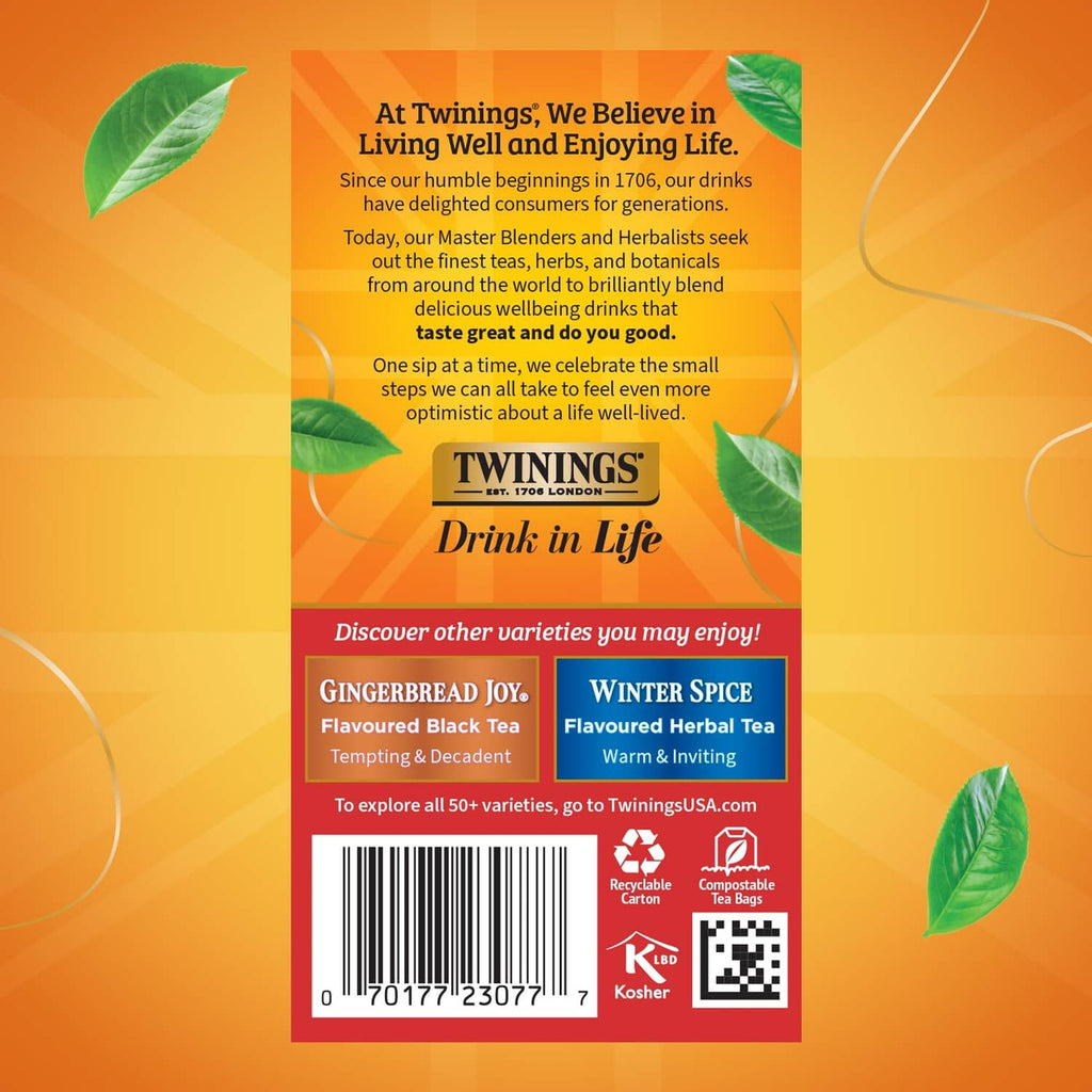 Twinings Christmas Tea red carton with lifestyle branding and barcode on the back panel.