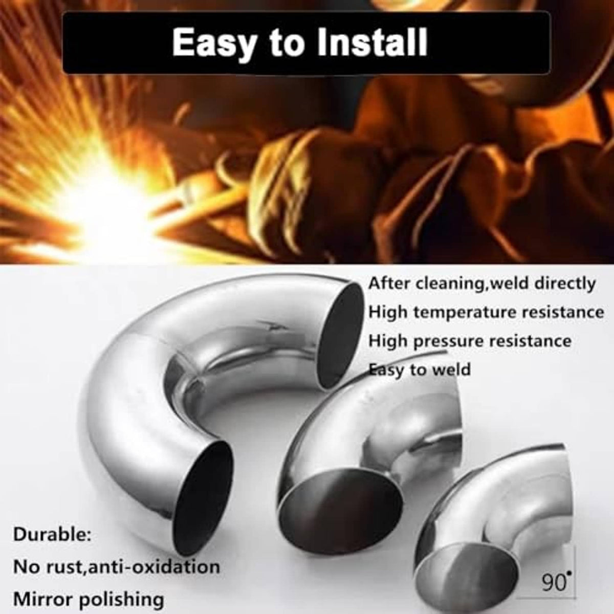 Stainless steel 90-degree bend elbow pipe for welding, mirror-polished silver