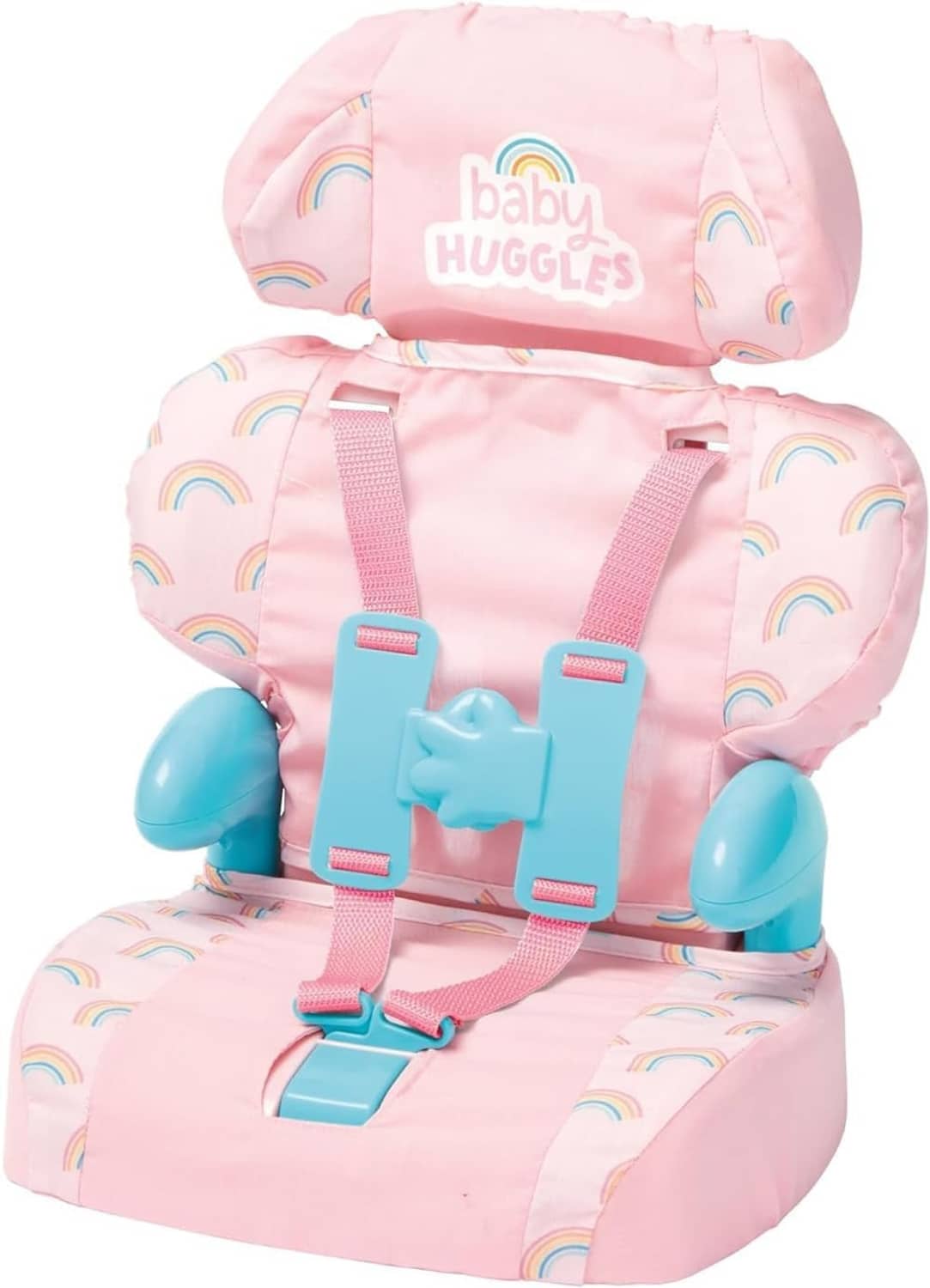 Pink doll booster seat with adjustable headrest, blue buckles, and rainbow print