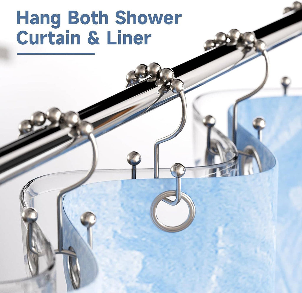 Rust-resistant shower curtain hooks with ball accents on a metal rod