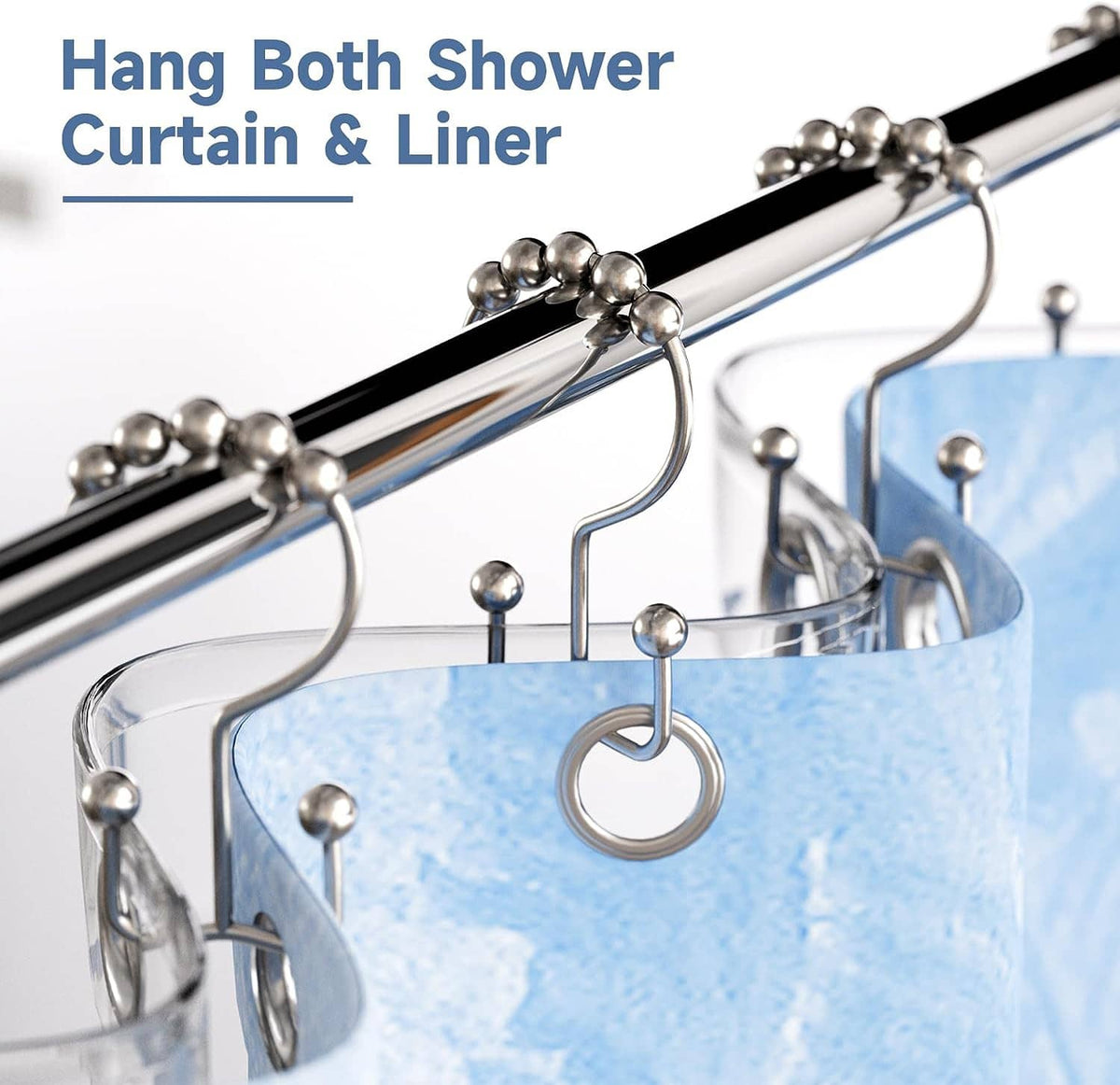 Rust-resistant shower curtain hooks with ball accents on a metal rod