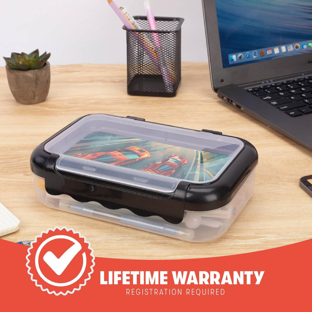 Clear and black two-compartment pencil box with car print, set on desk.