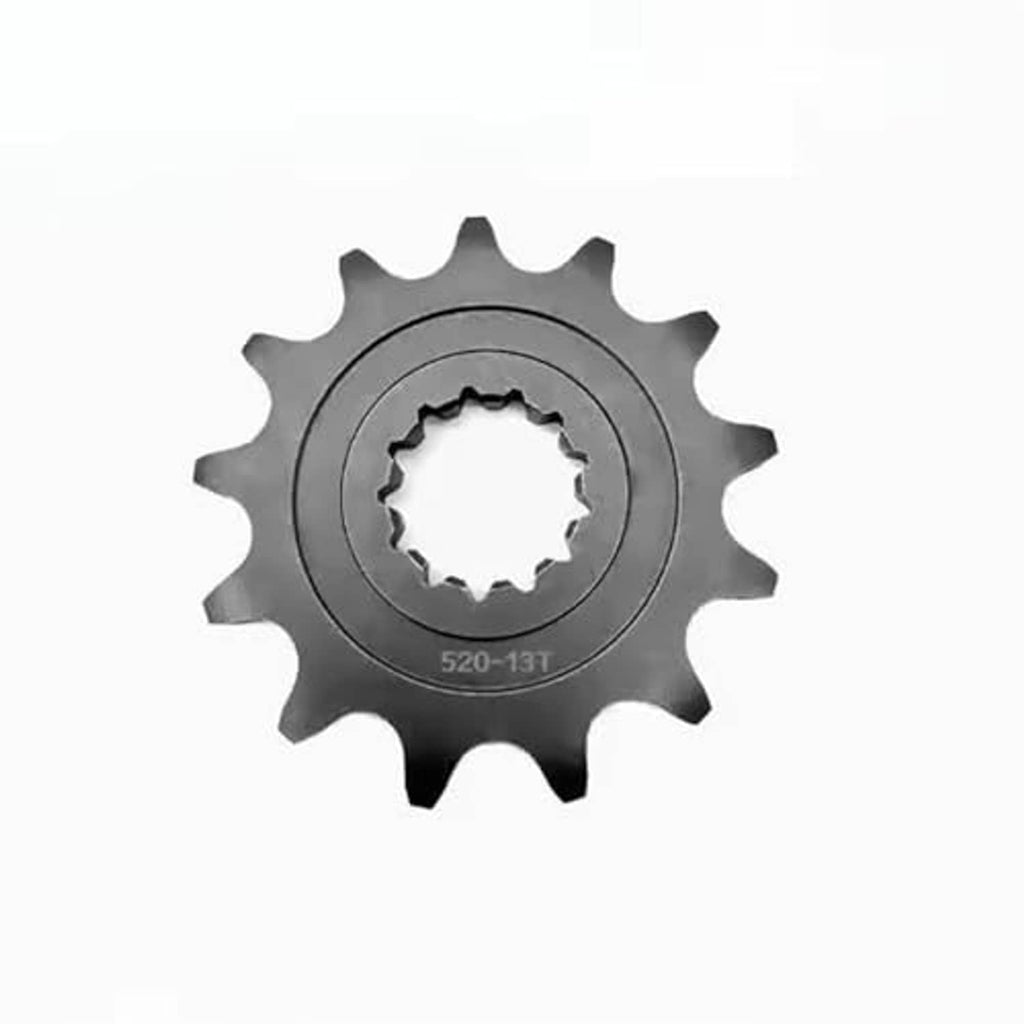 Motorcycle front sprocket with 13-tooth pattern and inner spline, dark steel