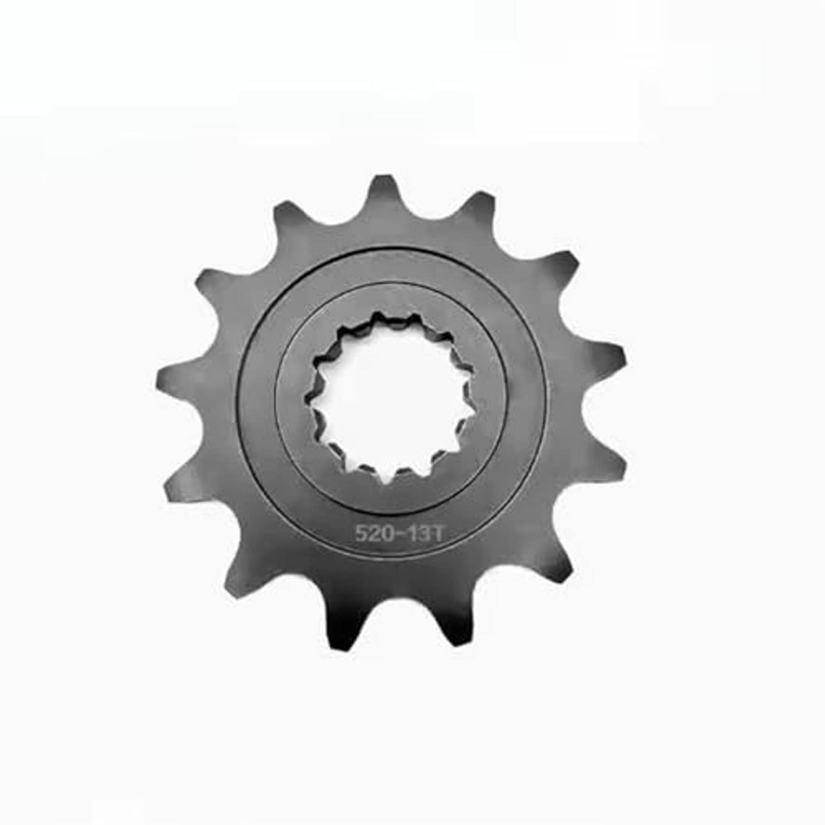 Motorcycle front sprocket with 13-tooth pattern and inner spline, dark steel