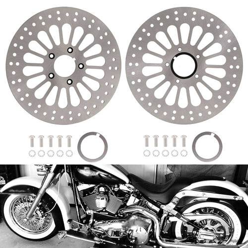 Front and rear brake rotors with mounting hardware for Harley Touring bikes