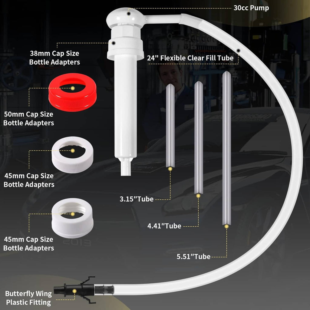 White pump with long clear tube and multiple threaded bottle cap adapters