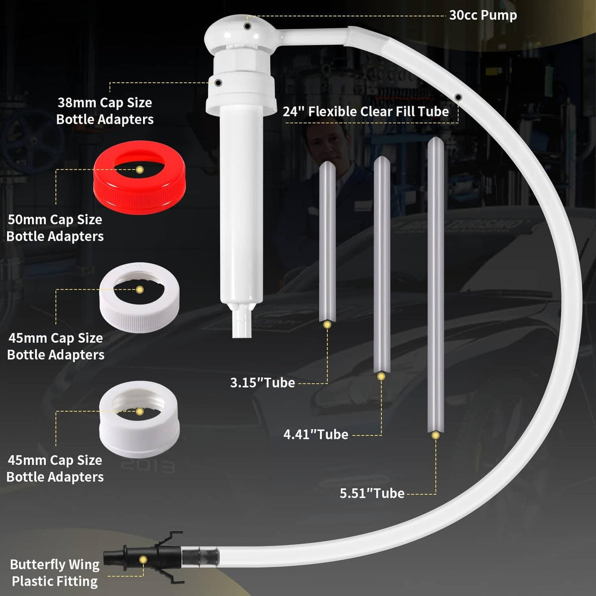 White pump with long clear tube and multiple threaded bottle cap adapters
